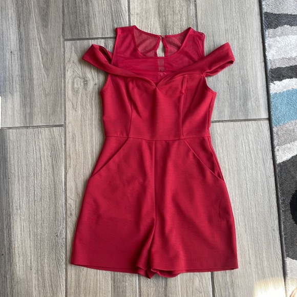 BCBG Red Off the Shoulder Mesh Romper - Picture 2 of 5